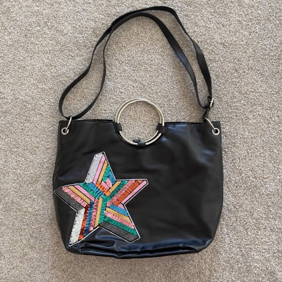 T-Shirt & Jeans Handbags - T-Shirt & Jeans For The Record Vegan Sequined Black Ring Tote bag Shoulder Strap